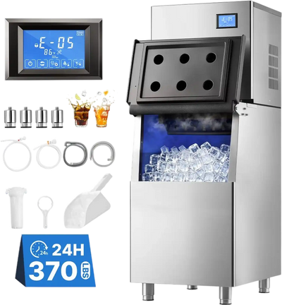 Vevor Commercial Ice Maker Machine 370 lbs/24H Stainless Steel Freestanding Ice Maker with 250 lbs Storage Bin New
