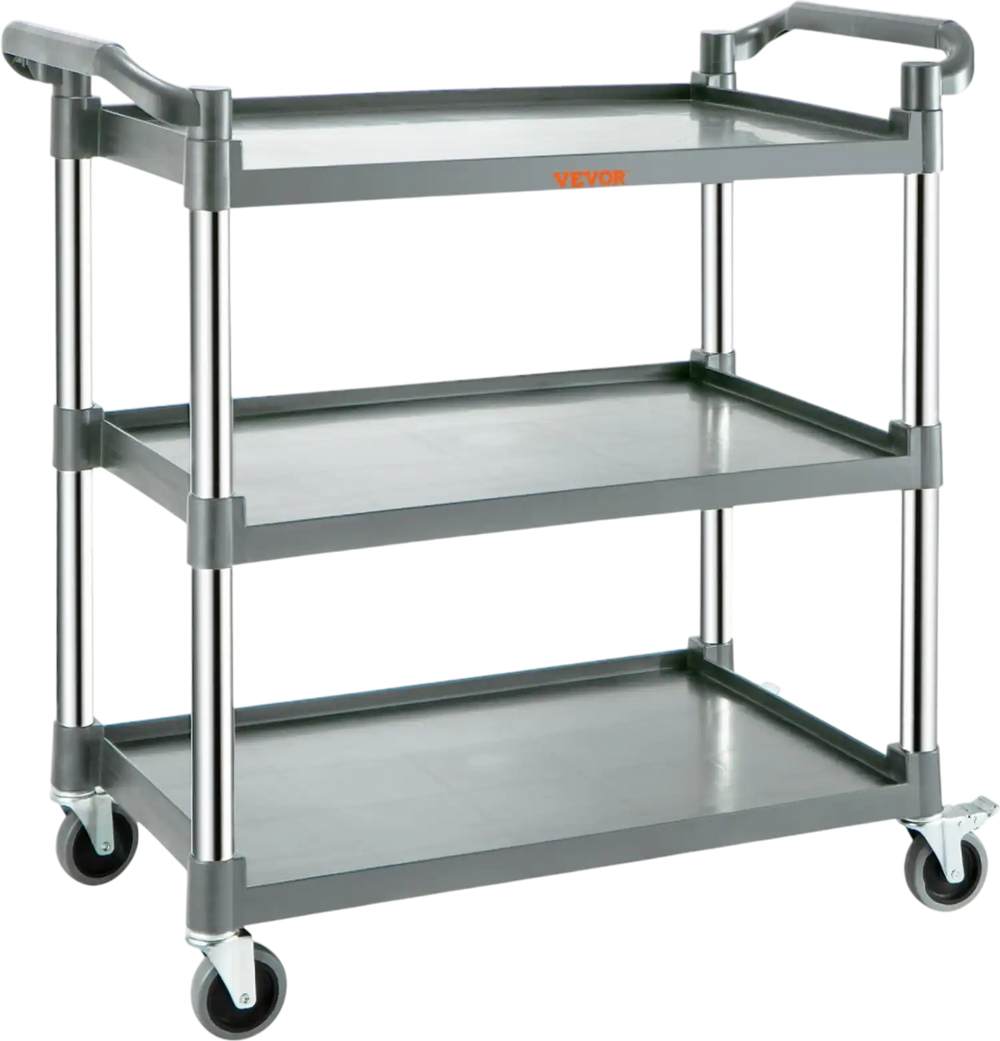 VEVOR Utility Service Cart, 3 Shelf Heavy Duty 220LBS Food Service Cart, Rolling Utility Cart with Lockable Wheels, 40" x 19.3" x 38.6" Plastic Utility Cart for Kitchen Office Restaurant Home, Grey