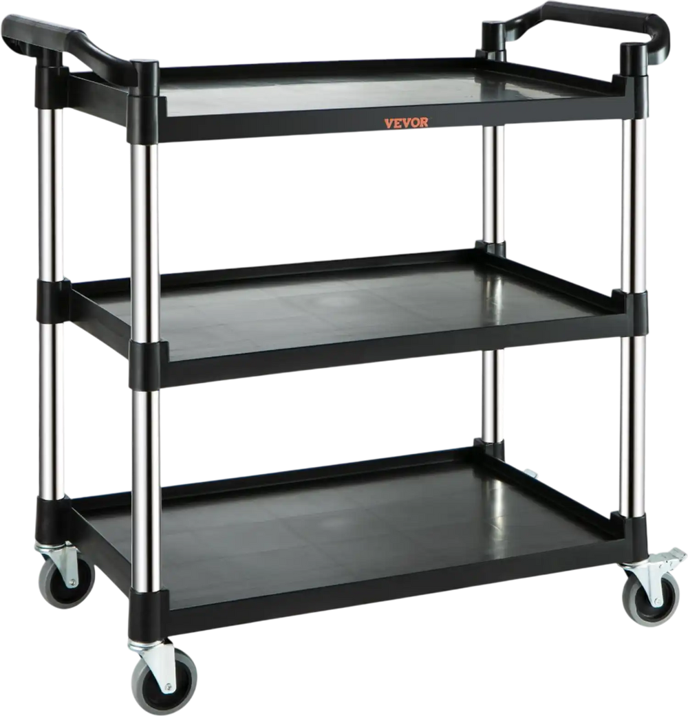 VEVOR Utility Service Cart, 3 Shelf Heavy Duty 220LBS Food Service Cart, Rolling Utility Cart with Lockable Wheels, 40" x 19.3" x 38.6" Plastic Utility Cart for Kitchen Office Restaurant Home, Black