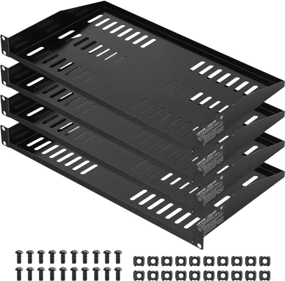VEVOR 1U Server Rack Shelf, 4 PCS, 50 lbs Max Load-Bearing Vented Cantilever, Wall Mount or Rack Mount Shelf with Tray, 10 in Depth, Good Air Circulation for 19 Inch Cabinet Computer Network Equipment