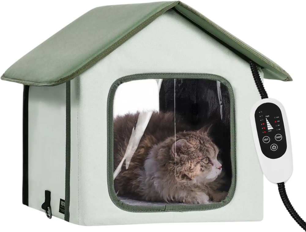 VEVOR Elevated Heated Cat House, Outdoor Kitty Shelter with Timer, 600D Oxford Cloth Foldable Cat Shelter with Heated Pad for Winter to Stay Warm and Cozy, Green (Small)