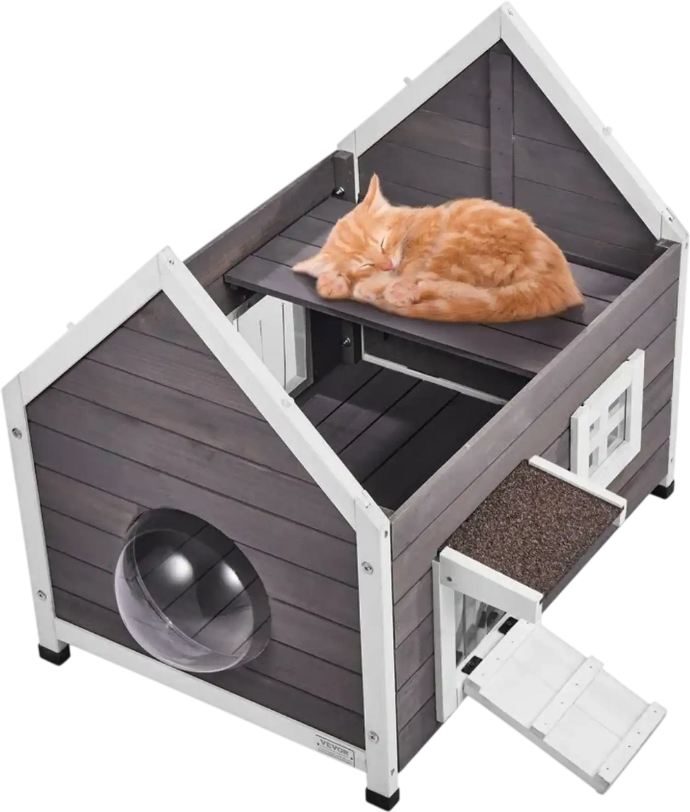 VEVOR Outdoor Cat House Weatherproof, Feral Cat Shelter for Multiple Cats, Outdoor Wooden Cat House with Large Side Door, PVC Door Flaps, Open Roof, Clear Window, 22"L x 30"W x 26"H