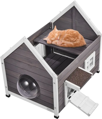 VEVOR Outdoor Cat House Weatherproof, Feral Cat Shelter for Multiple Cats, Outdoor Wooden Cat House with Large Side Door, PVC Door Flaps, Open Roof, Clear Window, 22