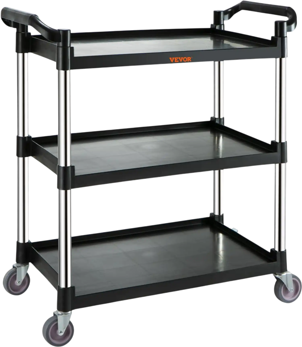 VEVOR Utility Service Cart, 3 Shelf Heavy Duty 154LBS Food Service Cart, Rolling Utility Cart with Lockable Wheels, 32.7" x 15.7" x 37.4" Plastic Utility Cart for Kitchen Office Restaurant Home, Black