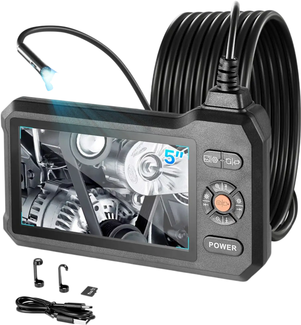 VEVOR Triple Lens Endoscope with Light, 5" HD IPS Screen Industrial Borescope, 1280 x 720 Lens, 8 + 2 LEDs, 8X Zoom, IP67 Waterproof Inspection Snake Camera for Auto, Plumbing (16.4FT Rigid Cable)
