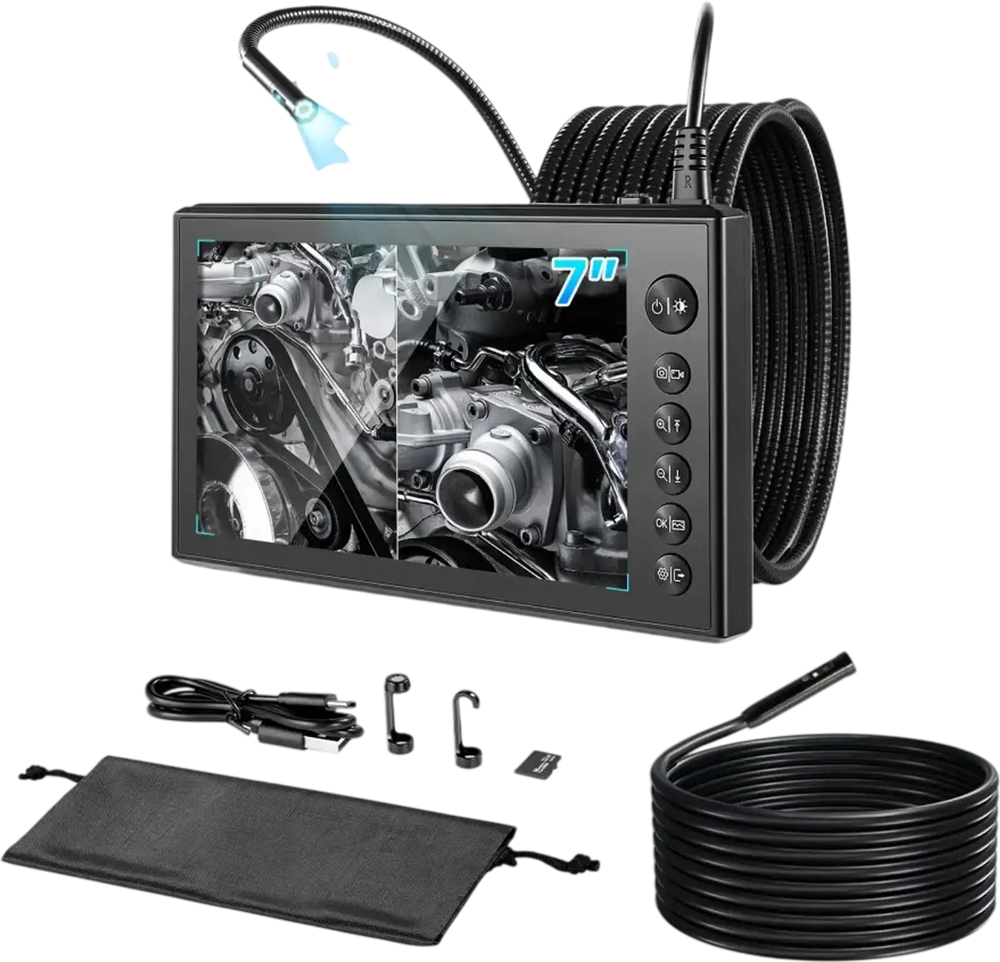 VEVOR Triple Lens Endoscope with Dual-Cable Setup, Industrial Borescope with Light, 7" HD IPS Spilt-Screen, 8 + 2 LEDs, 8X Zoom, IP67 Waterproof Snake Camera for Auto, Plumbing (16.4FT + 9.8FT Cables)