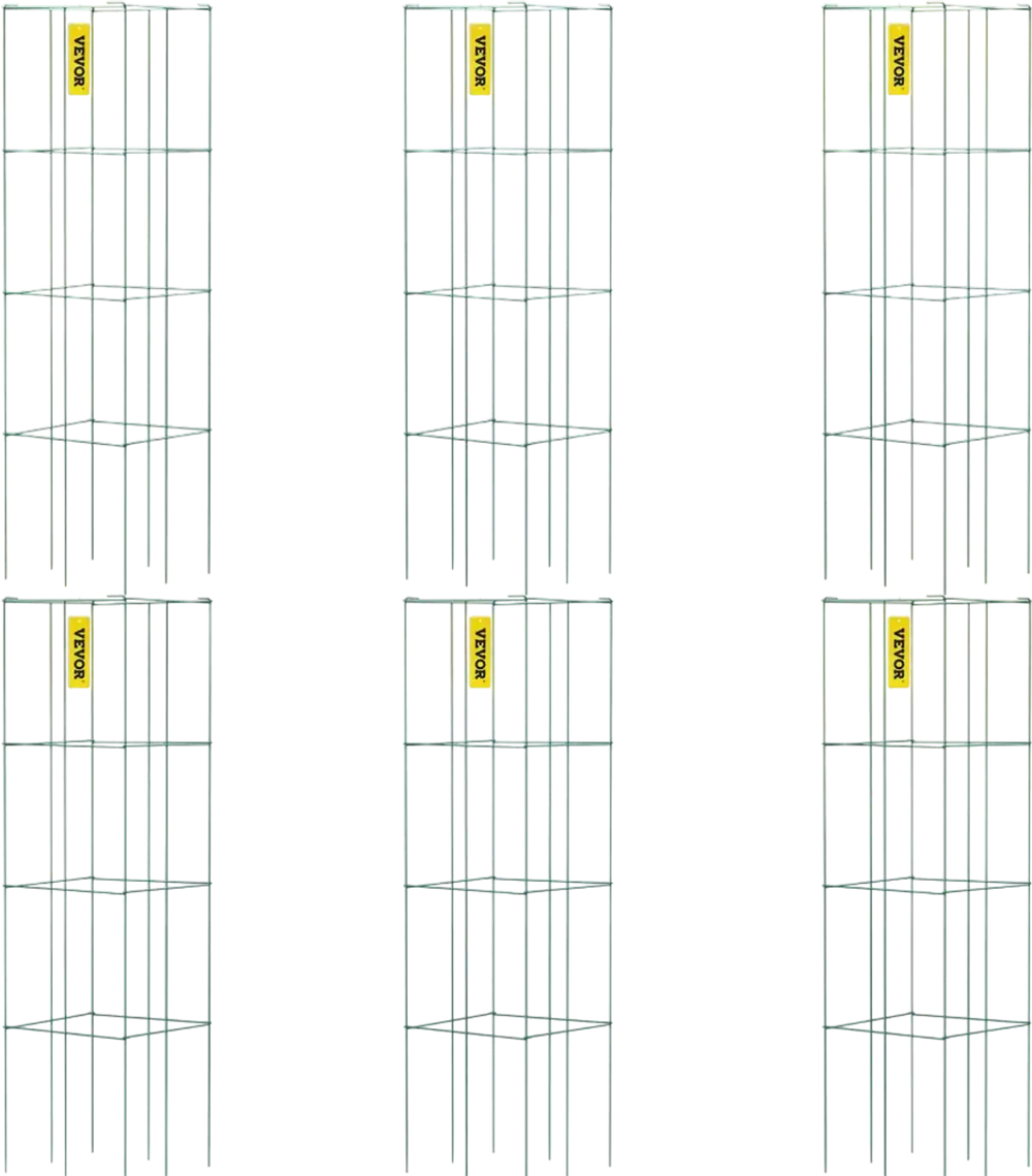 VEVOR Tomato Cages, 14.6\" x 14.6\" x 39.4\", 6 Packs Square Plant Support Cages, Green PVC-Coated Steel Tomato Towers for Climbing Vegetables, Plants, Flowers, Fruits