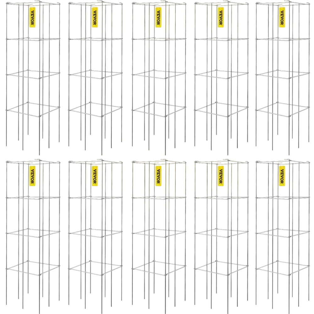 VEVOR Tomato Cages, 11.8\" x 11.8\" x 46.1\", 10 Packs Square Plant Support Cages, Silver PVC-Coated Steel Tomato Towers for Climbing Vegetables, Plants, Flowers, Fruits