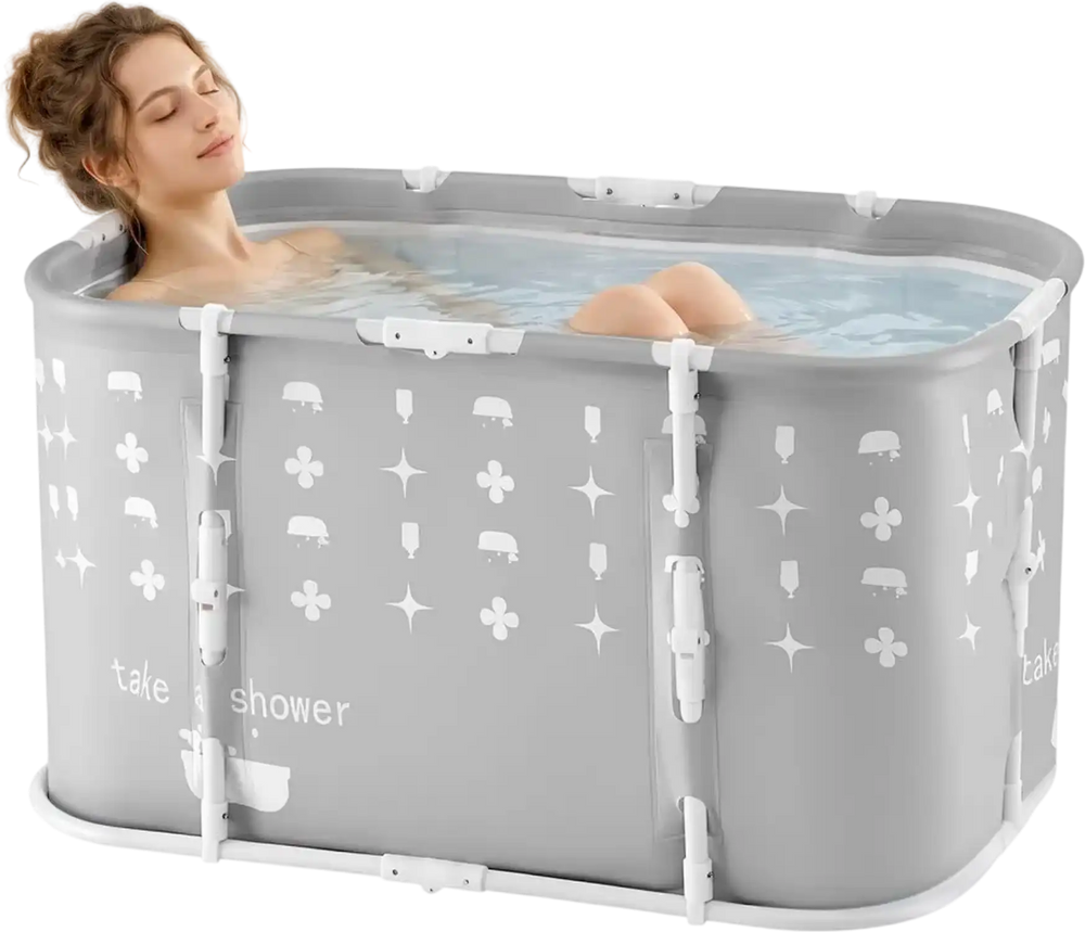 VEVOR Portable Foldable Bathtub 37.4"x23.6"x19.7" Soaking for Adults Gray, for Bathroom Shower Stall, 3-Layer Insulation, Space Saving, Family Hot SPA Ice Bath Tub with 2 Drain Ports, Indoor Outdoor
