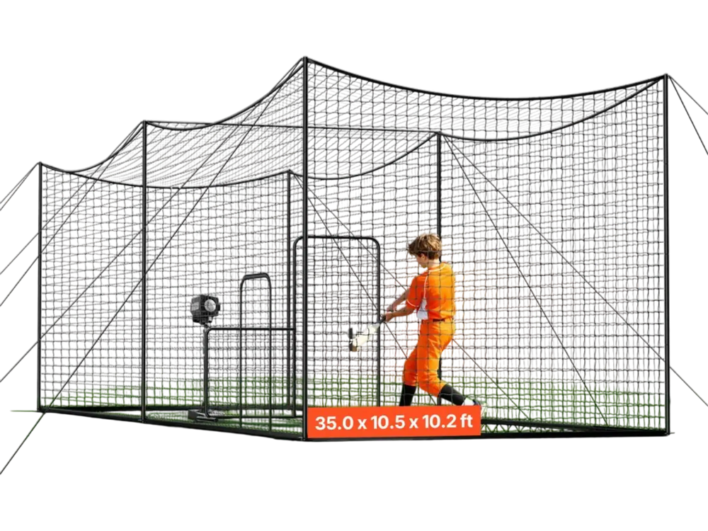 VEVOR Baseball Batting Cage, 35.0 x 10.5 x 10.2 FT Freestanding Portable Batting Cage, Hitting Cages with 45-Ply Knotted HDPE & Long Positioning Ropes, Battings Cages Netting for Indoor Outdoor