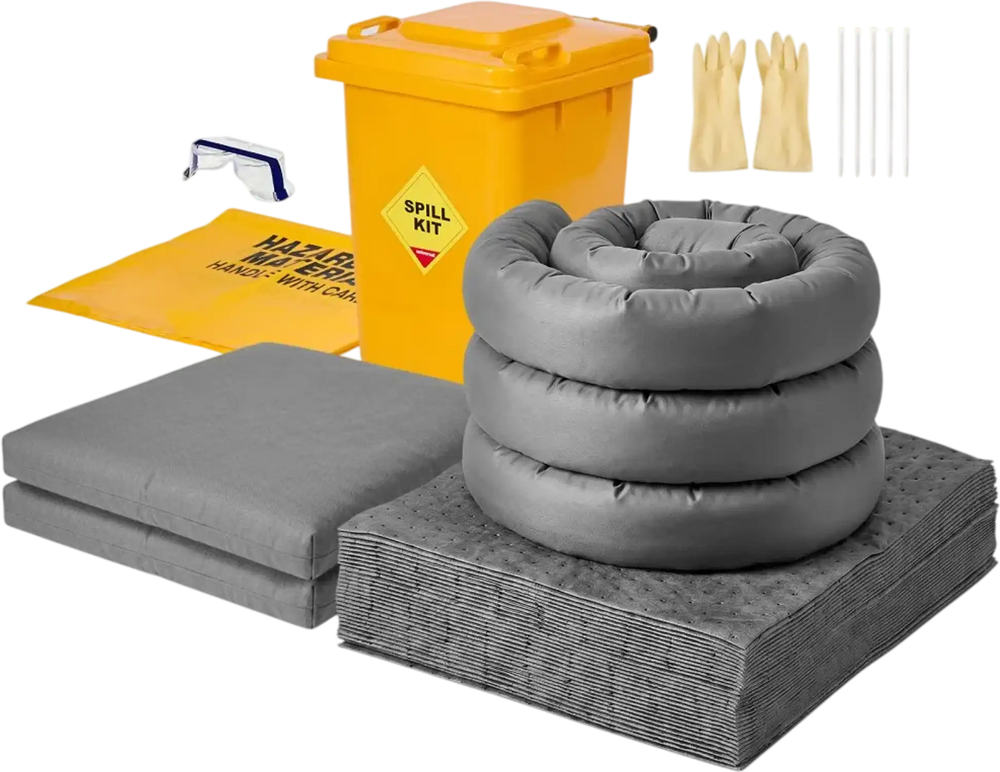VEVOR Complete Spill Absorbent Kit for Oil & Water, 40PCS Heavy-Duty Oil Absorbent Pads, 3 Socks, 2 Pillows, 5 Hazardous Material Bags, 20-Gallon Wheeled Drum for Garage Workshop Spill Control