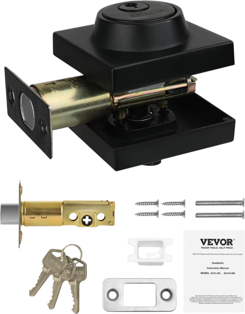 VEVOR Deadbolt Lock, Square Single Cylinder Dead Bolt, Keyed 1 Side, Fits Standard Size Interior and Exterior Doors, Full Metal, with 3 Keys, for Front Entry Door Residential Security, Matte Black