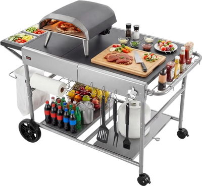 VEVOR Outdoor Grill Cart, 36.4 x 23.4 x 1 inch Tabletop Size Grilling Table, Movable Outdoor Cooking Table with 4 Spice Containers, Wheels, Lids, Hooks, BBQ Prep Tables for Picnic, Kitchen, Courtyard