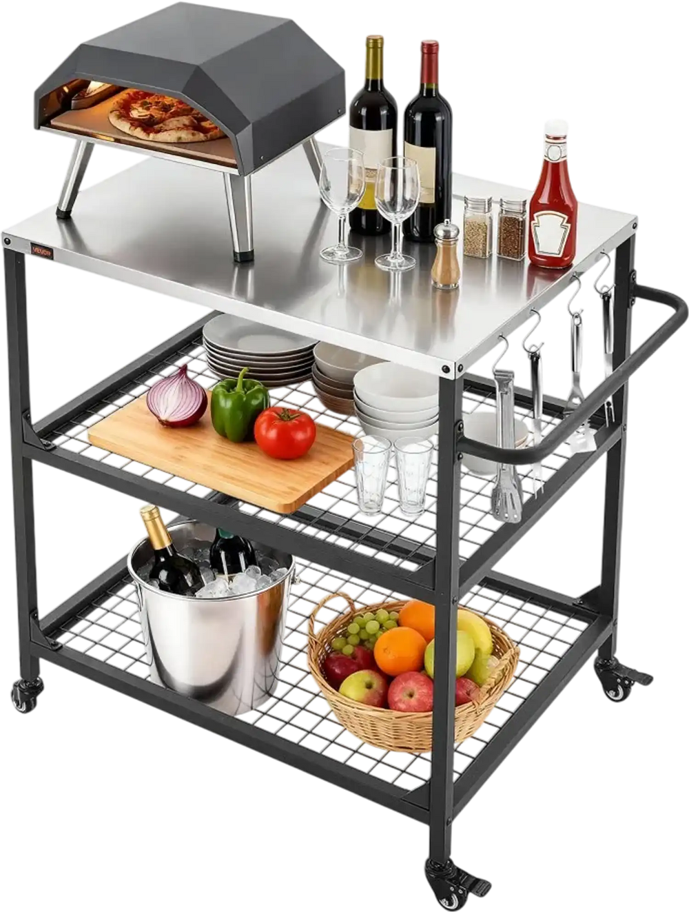 VEVOR Outdoor Grill Cart, 31.5 x 24.0 inch Stainless Steel Tabletop Size Grilling Table, Outdoor Cooking Table with 4 Wheels & Side Handle, Two Mesh Shelves, BBQ Prep Tables for Patio, Garden