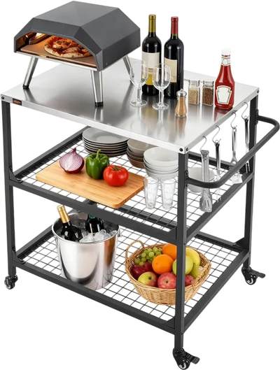 VEVOR Outdoor Grill Cart, 31.5 x 24.0 inch Stainless Steel Tabletop Size Grilling Table, Outdoor Cooking Table with 4 Wheels & Side Handle, Two Mesh Shelves, BBQ Prep Tables for Patio, Garden