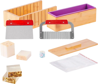 VEVOR Soap Making Kit, Bamboo Cutting Box and Inner Box with Silicone Mold, Stainless Steel Straight Cutter and Wavy Cutter, 100 Bags and 105 Stickers, Soap Making Supplies DIY Kits for Adults