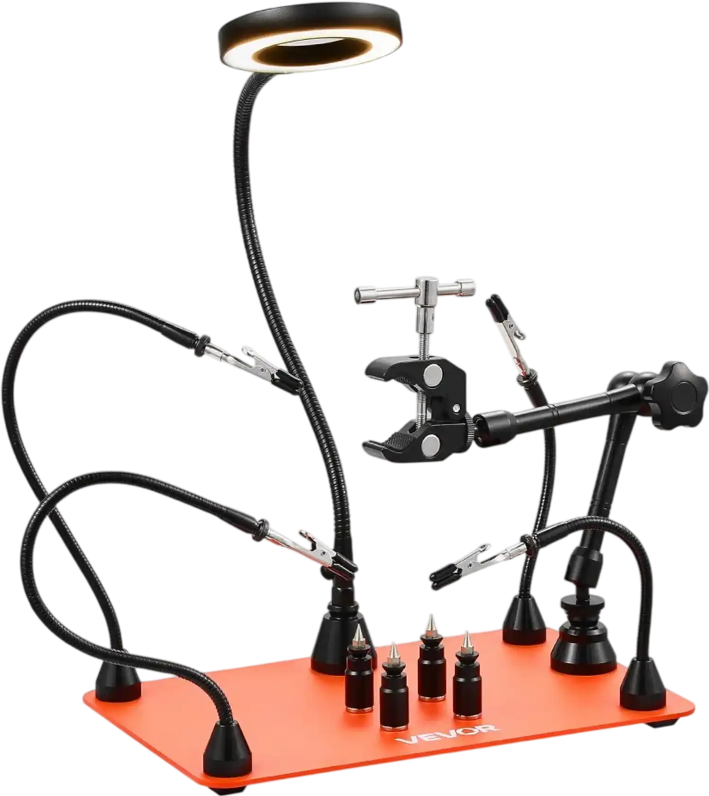 VEVOR Magnetic Helping Hands Soldering Station, Third Hand Soldering Tool with 3X LED Magnifying Lamp, 4 PCB Holders & 360 Hot Air Gun Holder, Heavy-Duty Base Station for Electronic Repair Craft Hobby