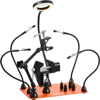VEVOR Magnetic Helping Hands Soldering Station, 4 Arms Third Hand Tool, with Vise, 3X LED Magnifying Lamp, 4 PCB Holder & 360 Hot Air Gun Holder, Soldering Helper for Electronic Repair Craft Hobby DIY