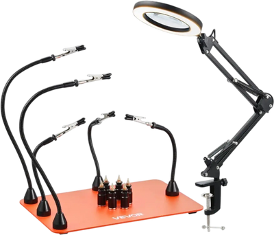 VEVOR Magnetic Helping Hands Soldering Station, 2-In-1 Third Hand Soldering Tool - 3X LED Magnifying Lamp & 5 Flexible Arms, 6 PCB Holders, Heavy-Duty Base Station for Electronic Repair Craft Hobby