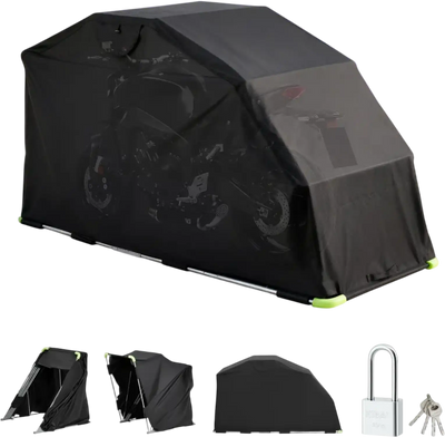VEVOR Motorcycle Storage Shelter with Security Lock, 600D Oxford Flip-Up Garage Tent, Heavy-Duty All-Weather Motorcycle Cover with Ventilation Windows, 110 x 43 x 63 in Outdoor Vehicle Shelter, Black
