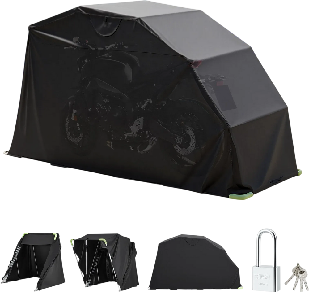 VEVOR Motorcycle Storage Shelter with Security Lock, 600D Oxford Flip-Up Garage Tent, Heavy-Duty All-Weather Motorcycle Cover with Ventilation Windows, 136x54x75 in Outdoor Vehicle Shelter, Black