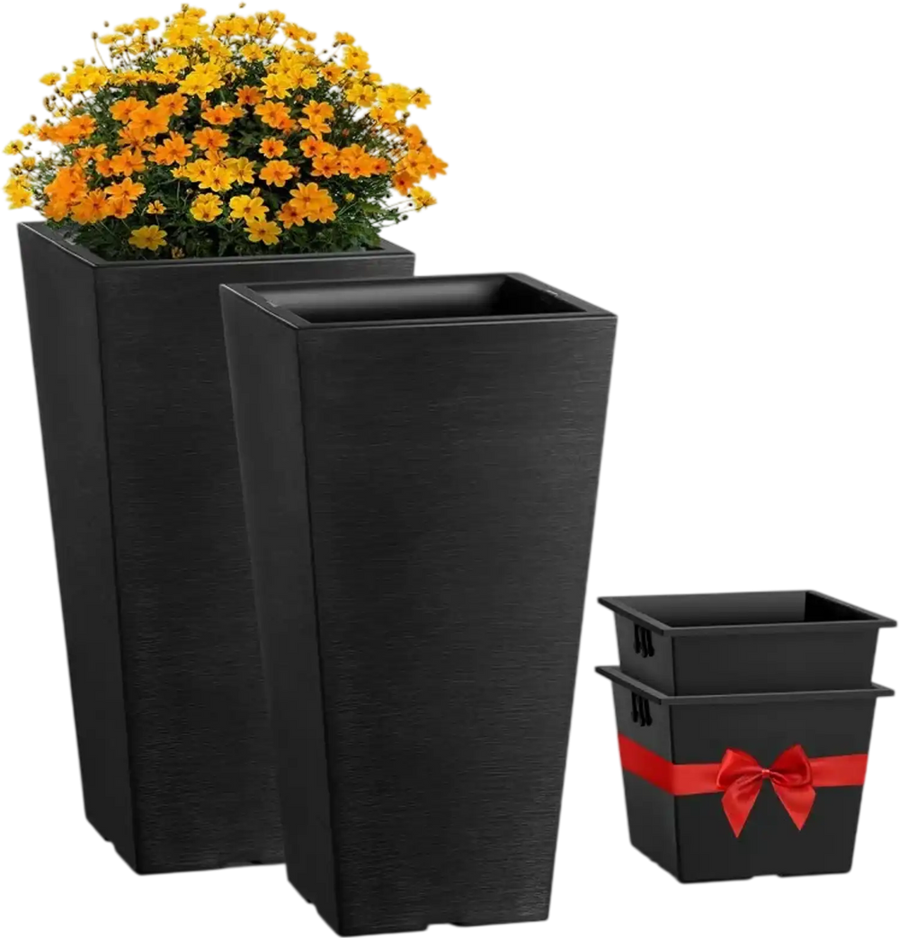VEVOR Set of 2 Tall Outdoor Planters 22inch, Large Planters For Outdoor Indoor Plants, Black Tapered Square Front Porch Planters Flower Tree Plant Pots with Modern Design and Built-in Drainage