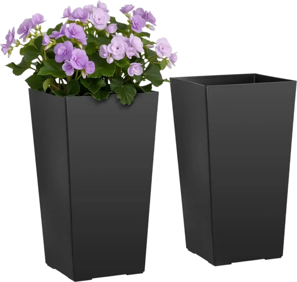 VEVOR Tall Planters Set of 2, 22 Inch Large Outdoor Taper Planters for Outdoor Indoor Plants, Front Porch Plastic Modern Flower Pots with Casters, Inner Pot & Drainage Holes for Patio, Garden, Black