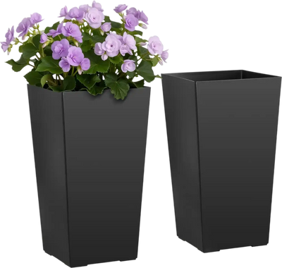VEVOR Tall Planters Set of 2, 22 Inch Large Outdoor Taper Planters for Outdoor Indoor Plants, Front Porch Plastic Modern Flower Pots with Casters, Inner Pot & Drainage Holes for Patio, Garden, Black