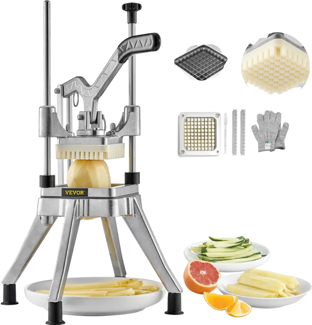 VEVOR Commercial Vegetable Fruit Chopper 3/8″ Blade Heavy Duty Professional Food Dicer Kattex French Fry Cutter Onion Slicer Stainless Steel for Tomato Peppers Potato Mushroom, Sliver