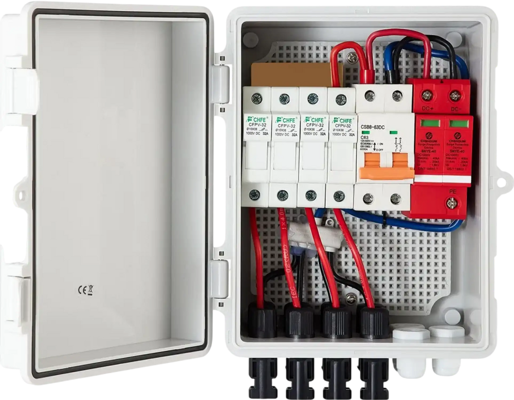 VEVOR PV Combiner Box, 4 String, Solar Combiner Box with 15A Rated Current Fuse 63A Circuit Breaker Lightning Arrester and Solar Connector, ABS Plastic Case for On / Off Grid Solar Panel System, IP65