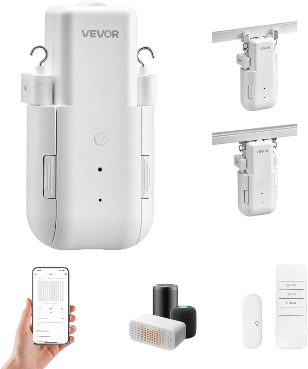 VEVOR Automatic Curtain Opener, APP and Remote Control, Hub Included, Electric Smart Curtain Opener Compatible with Alexa and Google Home, Timed Opening and Closing, for U-shaped/I-shaped Rails