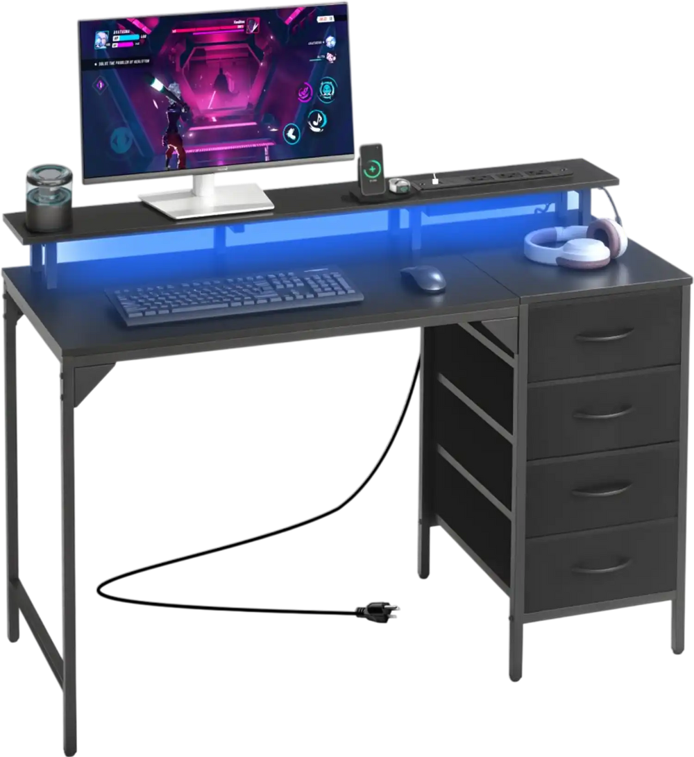 VEVOR 47" Computer Desk with LED Lights & Power Outlets, Gaming Table with 4 Large Drawers, Office Desk with Monitor Stand, Study Work Home Office, Small Spaces, Black