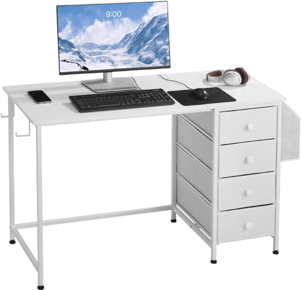 VEVOR Computer Desk with Fabric Drawers, 47 Inch Reversible Study Work Writing Desk for Modern Home Office Bedroom, Simple Modern Cute PC Table Metal Frame Business Furniture, White