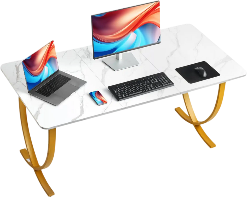 VEVOR Executive Desk, 63" W x 31.5" D Large Office Desk, Modern Computer Table Conference Meeting Room Table, Business Furniture Enlarged Desktop for Home Office, White and Gold