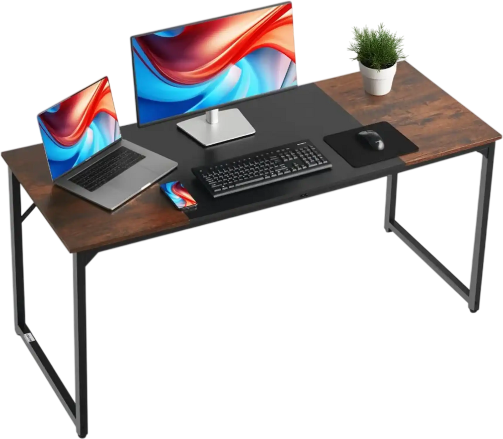 VEVOR Computer Desk, 63 Inch Office Gaming Desk for Home Office, Writing Study Work Modern Simple Table with Metal Frame for Large Legroom, Rustic Brown and Black