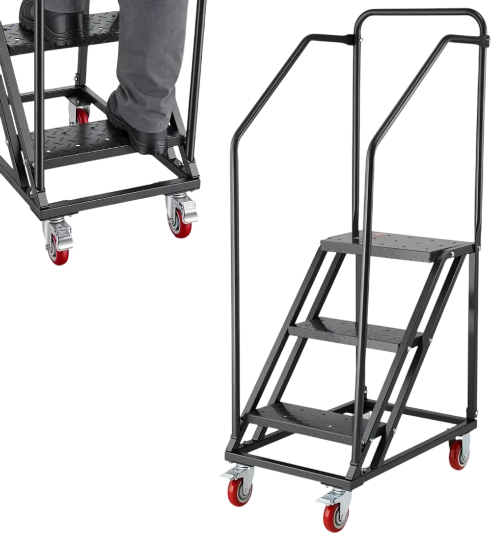 VEVOR 3-Step Rolling Warehouse Ladder, Industrial Alloy Steel Mobile Step Stair with Handrails, Non-Slip Perforated Steps & Locking Wheels, 450LBS Heavy Duty Platform Ladder for Garage Library