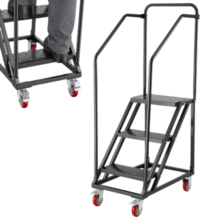 Vevor Platform Ladder 3-Step Rolling Warehouse Ladder with Handrails and Locking Wheels New
