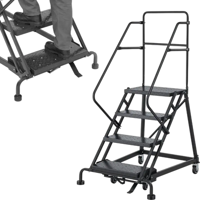 Vevor Rolling Warehouse Ladder 4-Step Alloy Steel Mobile Step Stair with Handrails New