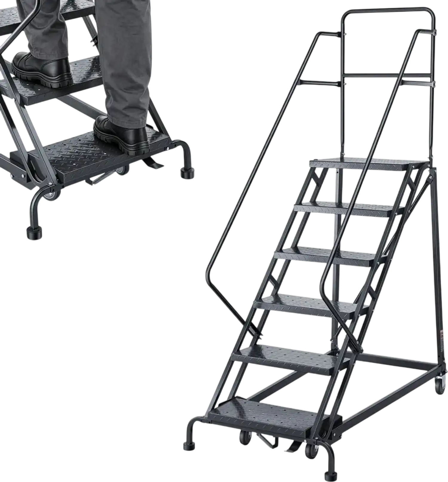 Vevor Rolling Warehouse Ladder 6-Step Mobile Platform with Handrails & 450 lbs Capacity New