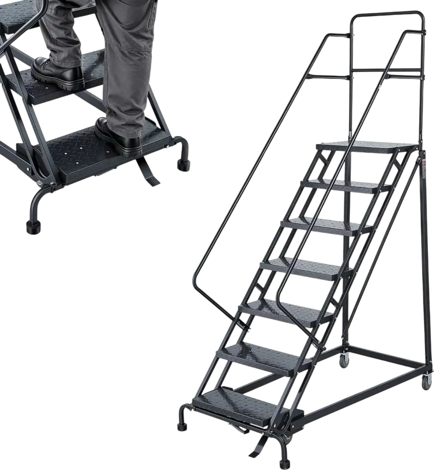 Vevor Platform Ladder 7-Step Rolling Warehouse Ladder with Handrails New