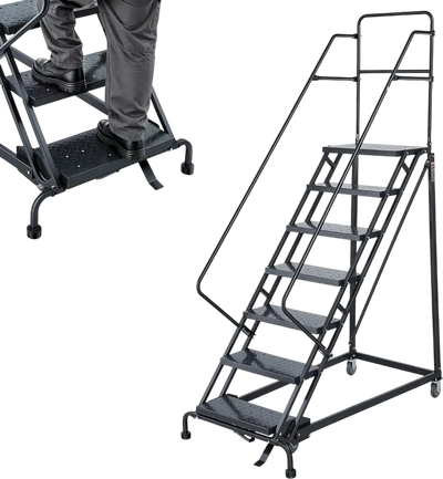 Vevor Platform Ladder 7-Step Rolling Warehouse Ladder with Handrails New