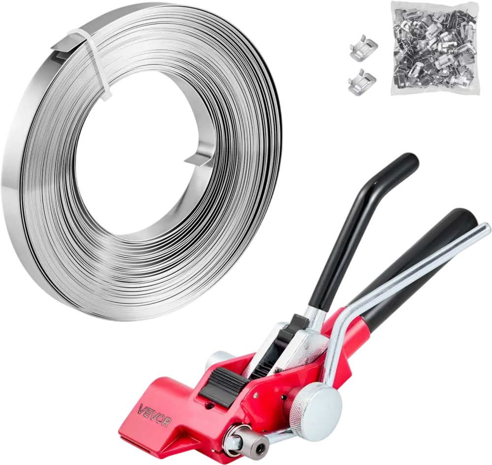 VEVOR Steel Banding Strapping Kit, Heavy Duty Banding Sealer Tool with 100 ft Binding Straps, 100 Metal Clasps, Manual Pallet Packaging Strapping Kit for Warehouse, Transportation, Industrial Bundling