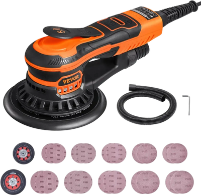 VEVOR Random Orbital Sander 5 & 6-Inch, 350W Brushless Orbital Sander, 10,000 PRM 6 Variable Speed Electric Palm Sander with 20PCS Sandpapers, Dust Connector & Hose for Woodworking Detailing Sanding