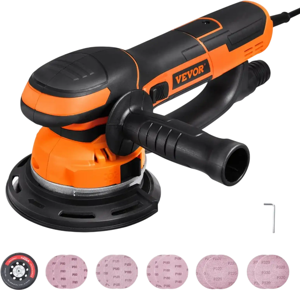 VEVOR Random Orbital Sander, 6-Inch DA & GA Dual Action Orbital Sander, 850W 7400PRM 6 Variable Speed Electric Palm Sander with 10PCS Sandpapers, Dust Connector for Woodworking Detailing Sanding
