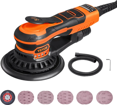 VEVOR Random Orbital Sander 6-Inch, 350W Brushless Orbital Sander, 10,000 PRM 6 Variable Speed Electric Palm Sander with 10PCS Sandpapers, Dust Connector & Hose for Woodworking Detailing Sanding
