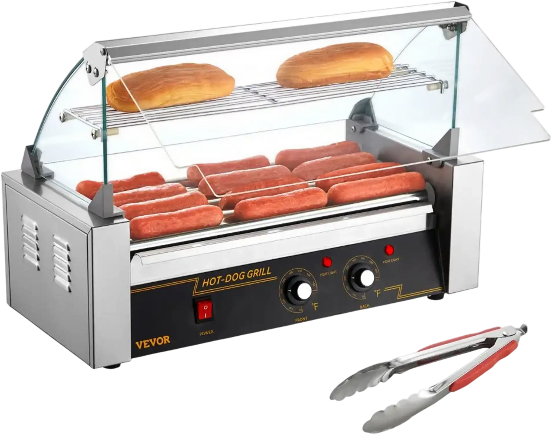 Vevor Hot Dog Roller Stainless 5-Roller 12-Hot-Dog Capacity Cooker with Glass Hood and Bun Warmer New