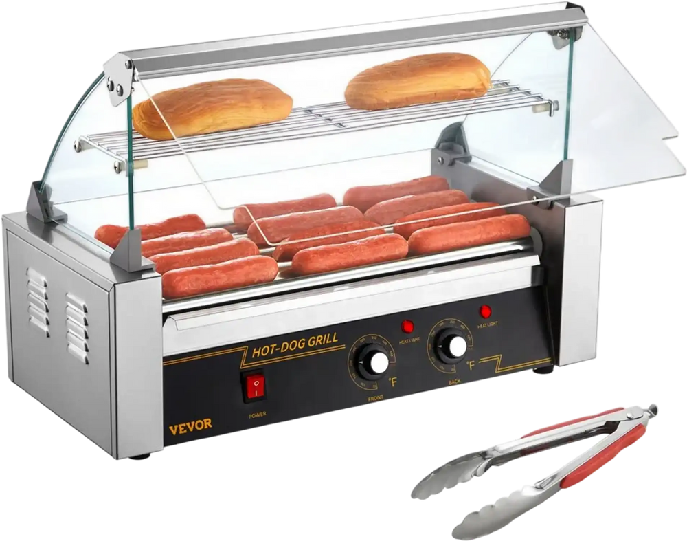 VEVOR Hot Dog Roller 5 Rollers 12 Hot Dogs Capacity, 750W Stainless Sausage Grill Cooker Machine with Dual Temp Control Glass Hood Acrylic Cover Bun Warmer Shelf Removable Oil Drip Tray ETL Certified