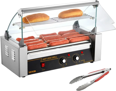 Vevor Hot Dog Roller Stainless 5-Roller 12-Hot-Dog Capacity Cooker with Glass Hood and Bun Warmer New