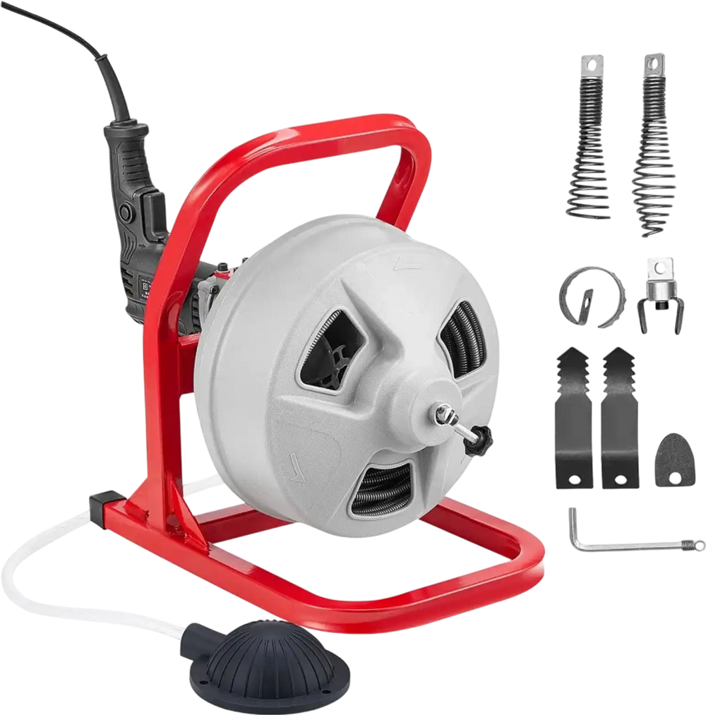 VEVOR Drain Cleaner Machine 50 FT x 5/16 Inch, Sewer Snake Auger with 228RPM Electric Drill, Manual Feed Drain Cleaning Machine with 6 Cutters & Air-activated Foot Switch for 2" to 4" Pipes