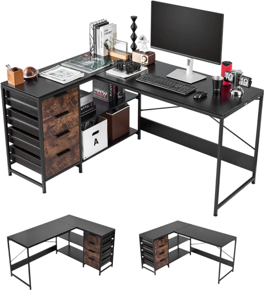 VEVOR L-Shaped Computer Desk, 59-inch Reversible Corner Gaming Desk with Drawers & Storage Shelves, Modern Stylish PC Table Sturdy Work Workstation for Home Office - Easy to Assembly